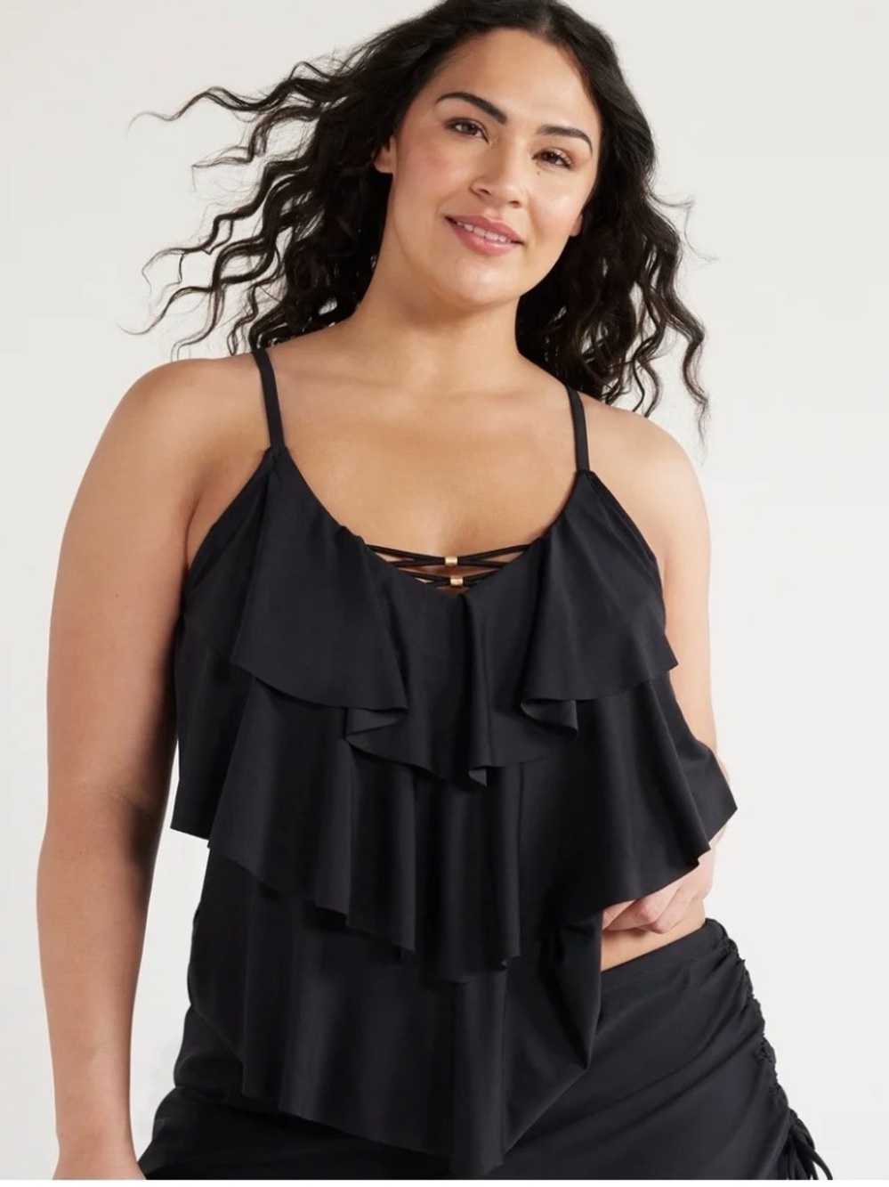 Black Ruffled Layered Tankini Top and Bikini Skirt Set